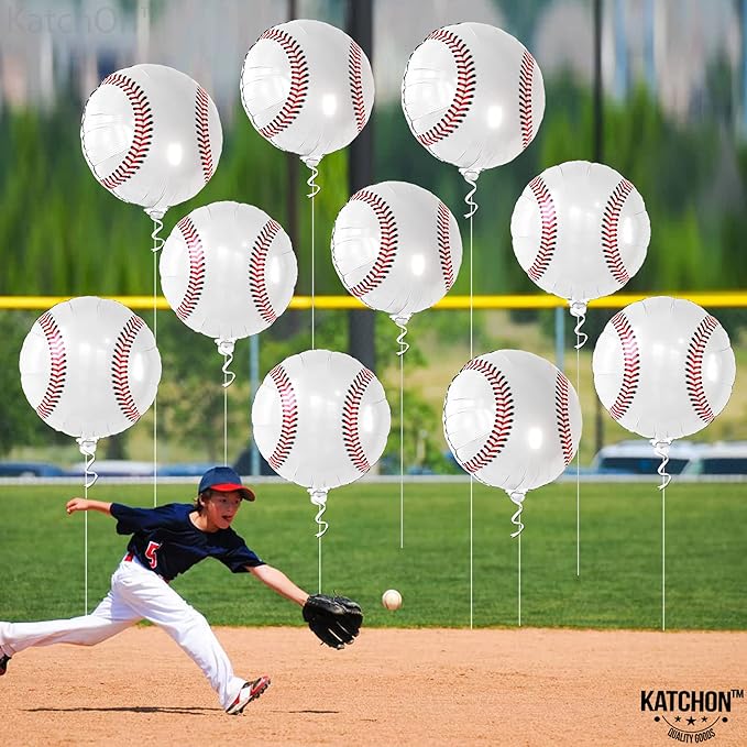 Katchon, Large Baseball Balloons 18 Inch-pack of 10 | Baseball Birthday Decorations With Baseball Foil Balloons | Sports Themed Party Decorations for Baseball Party Decor or Gender Reveal Decorations