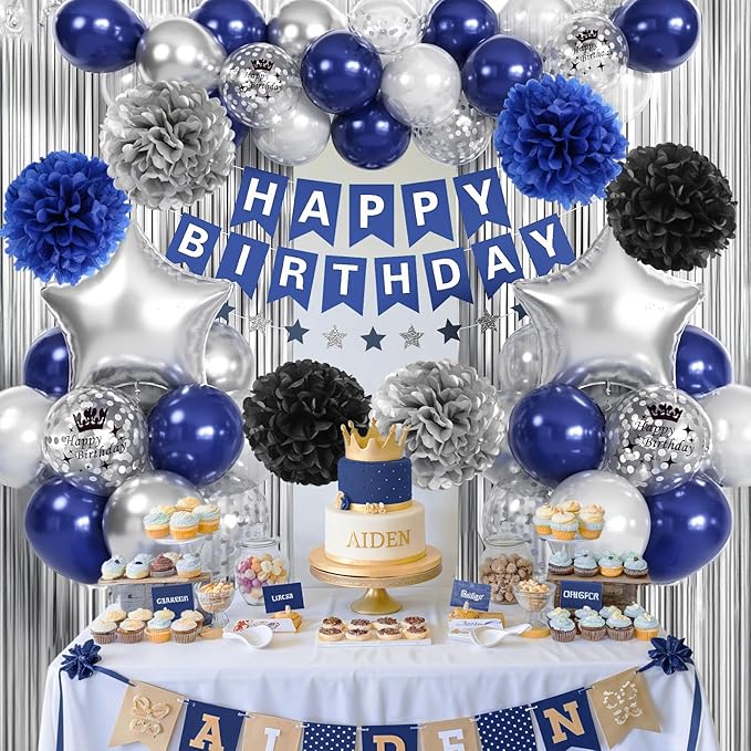Blue and Silver Birthday Decorations for Men Boys, Navy Royal Blue Silver Party Balloons Happy Birthday Banner Pom Poms Fringe Curtain for Bday Party Supplies