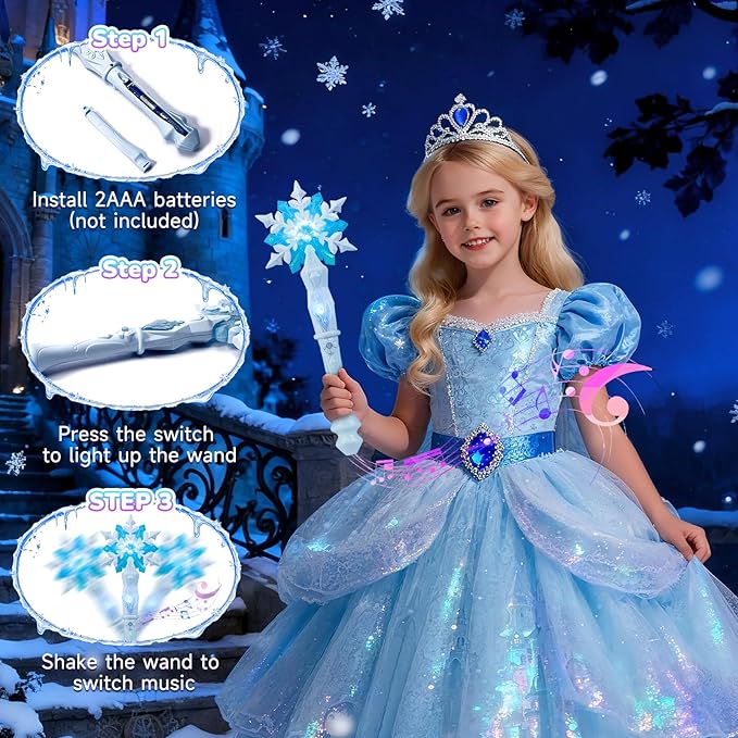 KingGlee Light Up Snowflake Wand with Music, Motion Sensitive Magic Princess Toy Wands for Kids Girls Birthday Roleplay Party Favor 2 Pack, Blue