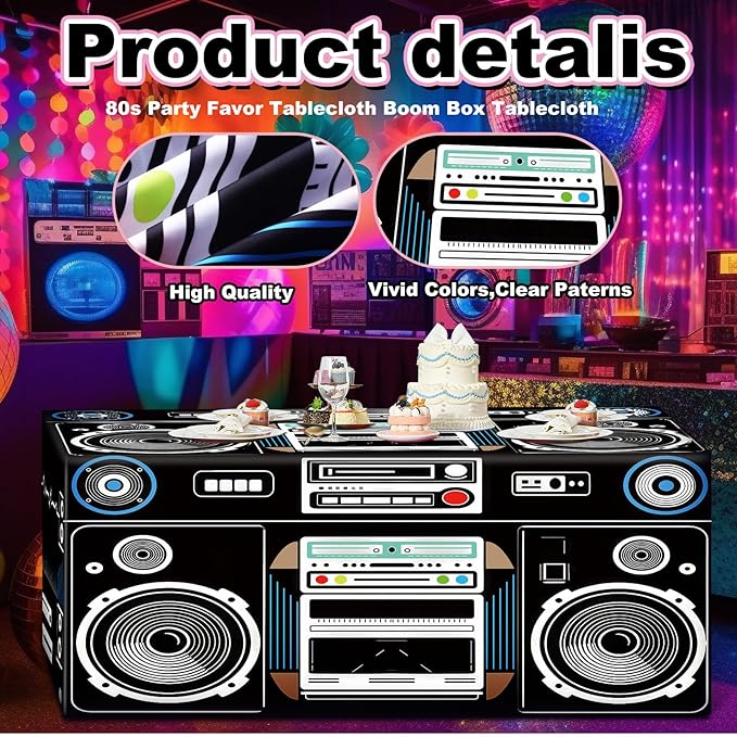 Oudain 6 FT 80s 90s Theme Tablecloth 80s Birthday Party Supplies Hip Hop Party Decoration Vintage Boom Box Tablecloth 72 x 30'' Retro Radio Table Cover Washable Fabric Polyester Rectangle Table Cover