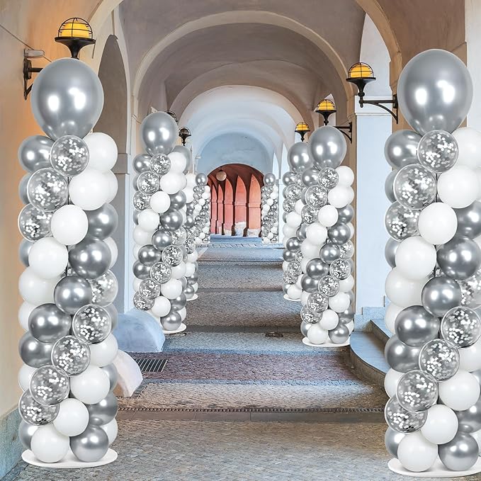 2 Sets Disco Silver White Balloon Column Stand Kit with 100 Balloons Silver Balloon Tower Stand with Bases for Floor Confetti Balloons Column Kit for Wedding Graduation Birthday Disco Party Decor