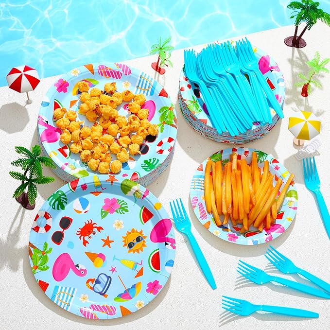 180 Pcs Summer Pool Party Paper Plates and Forks Pool Party Supplies 9'' Disposable Plates 7'' Paper Snack Plates Plastic Forks for Kids Birthday Hawaiian Beach Party Decorations, Serves 60