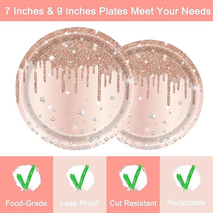 96 Pcs Champagne Silver Plates and Napkins Party Supplies, Disposable Forks Paper Dessert Tableware Glitter Decorations Birthday Table Dinnerware Favors Set, Serves 24