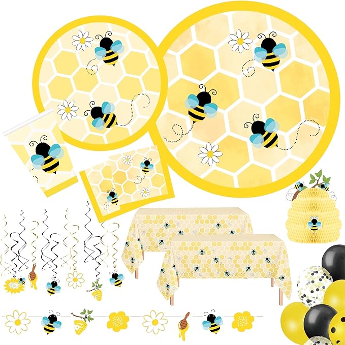 Serves 24 Ultimate Bumble Bee Party Supplies Includes Plates,Napkins,Table Covers,Balloons, Banner, Swirls, Centerpiece, Ideal for Birthday, Baby Shower, Bee Theme Party Decor