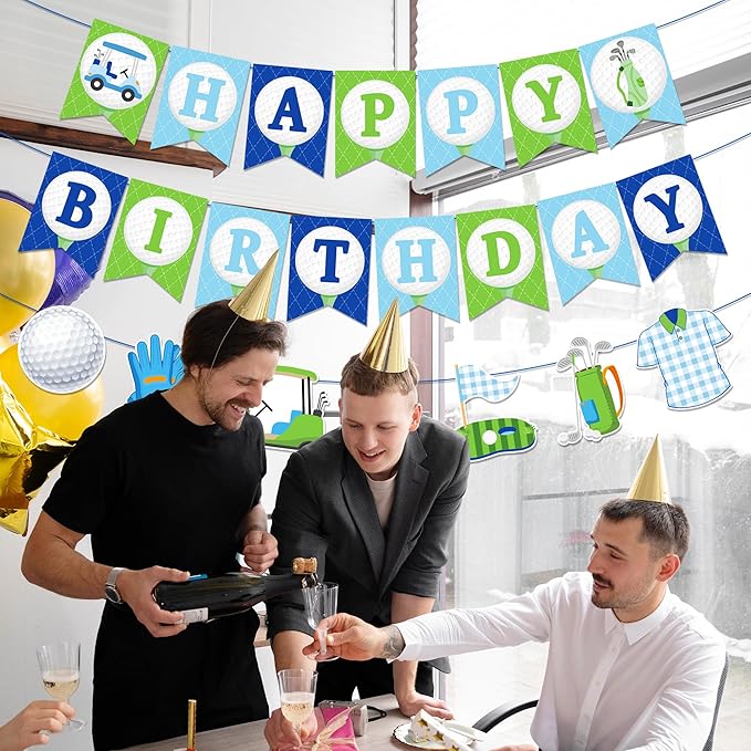 CC HOME 3Pcs Golf Happy Birthday Banner Golf Ball Party Hanging Banner Gym Ball Sports Theme Birthday Bridal Wedding Baby Shower Boys Girls Kids Home Classroom Party Supplies Decoration