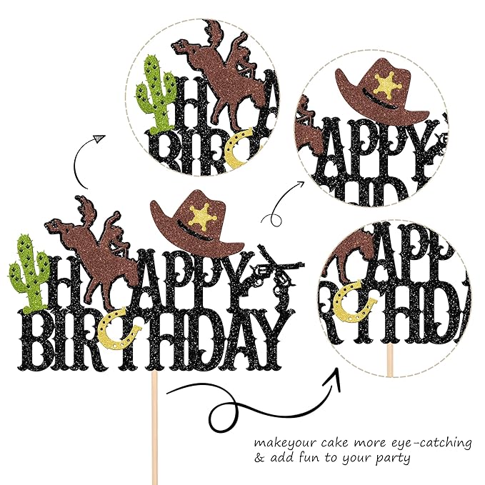 1 PCS Cowboy Happy Birthday Cake Topper Glitter Hat Horseshoe Cactus Gun Cake Pick for Western Theme Baby Shower Kids Birthday Party Cake Decorations