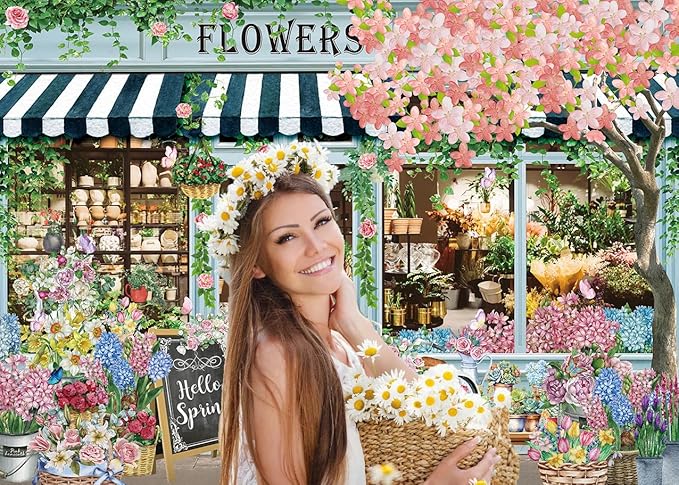 Flowers Shop Backdrop for Photography 7x5FT Spring Florals Butterfly Tea Party Background Hello Spring Banner Decorations Supplies Photo Props