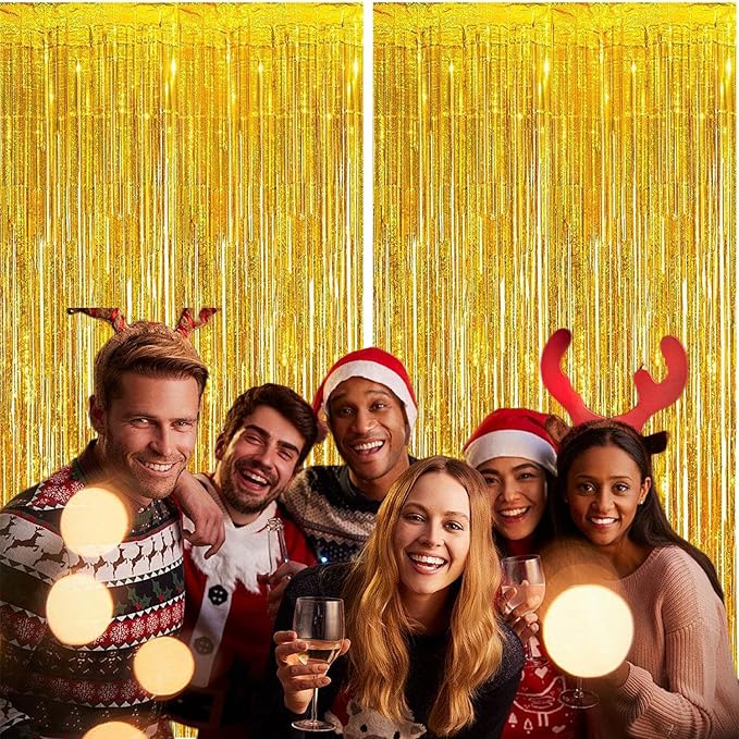 2 Pack Gold Foil Fringe Curtains, 3.3x6.6 Ft Metallic Tinsel Backdrop Party Decorations Door Gold Streamers for Birthday Wedding Engagement Decor,Photo Booth Props, Party Supplies
