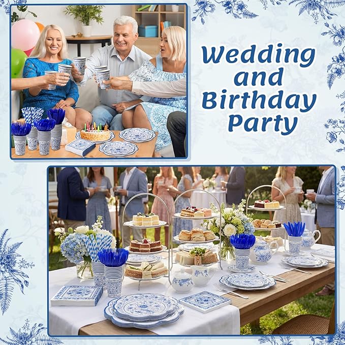 450 Pcs Blue Floral Tableware Set Decorations Blue White Chinoiserie Floral Paper Plates Napkins Cups Cutlery Straws for Vintage Birthday Wedding Bridal Shower Tea Party Supplies, Serves 50