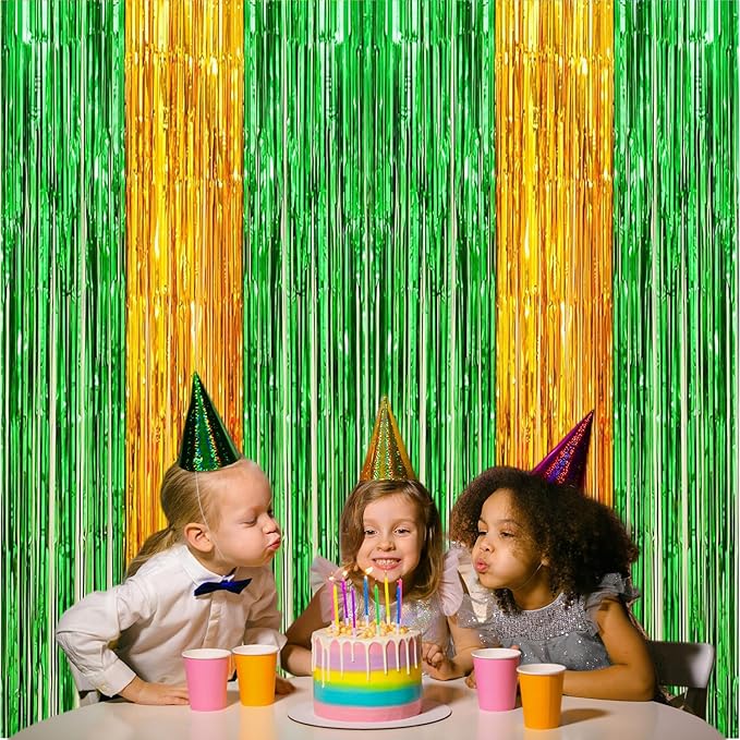 St. Patrick's Day Foil Fringe Curtains, 2 Packs of 3.3x6.6 ft Green Gold Tinsel Fringe Streamers Photo Booth Backdrop for Construction Party Decorations,Backdrop for Irish Themed Decoration