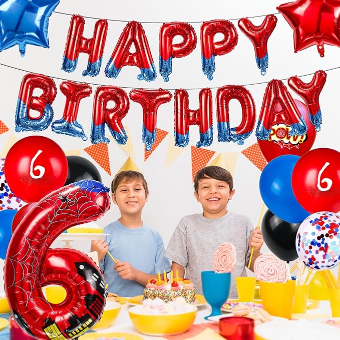 Cartoon Hero 40 Inch Red and Blue Spider Theme Number Foil Birthday Decoration Balloon, Spider Theme Happy Birthday Banner Party Decoration Balloon, Letter Logo Superhero Party Supplies (6)