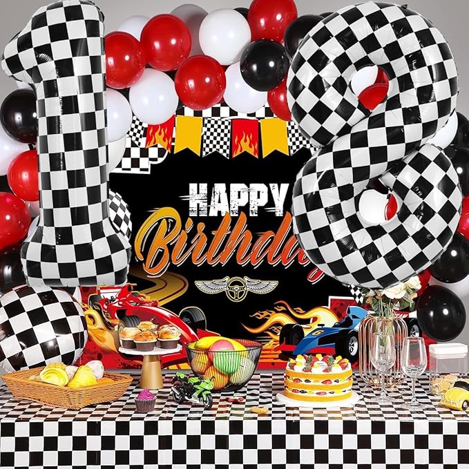 TONIFUL 40 Inch Checkered Number 8 Balloon 8th Race Car Birthday Party Supplies Black and White Large Number Balloon for Girls Boys 8th Birthday Fast Race Car Flag Party Decorations