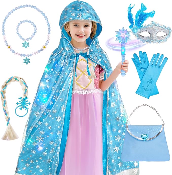 Frozen Toys for Girls-Princess Dress Up Set, 3 Lighting Mode Princess Cape, Music & Light Up Wand, Kids Makeup Kit, Wig, Mask, Gloves, Dress-up Accessories for Princess Cosplay Costume for Girl Age 3+