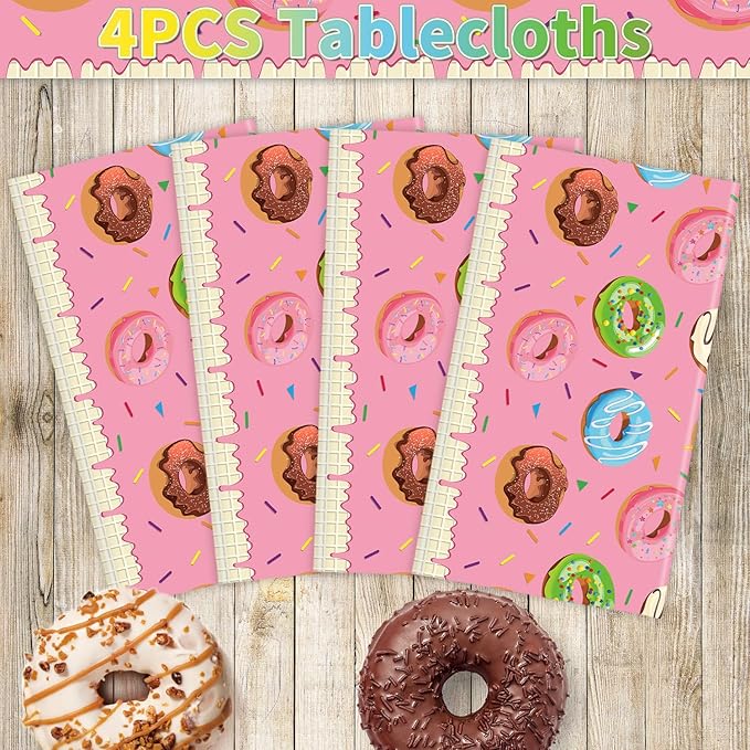 4 Pack Donut Party Tablecloth Sprinkle Donut Theme Party Decorations Pink Ice Cream Table Cloth Doughnut Table Covers for Baby Shower Afternoon Tea Ice Cream Birthday Supplies 51 x 86 in