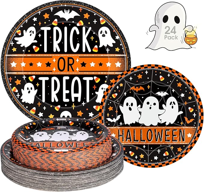 24 Pcs Happy Halloween Paper Plates Set - Cute Ghost Round Plate, Disposable Trick or Treat Dinner Dessert Plates Tableware Kit for Halloween Party Decorations Supplies Table Decor, Black Orange