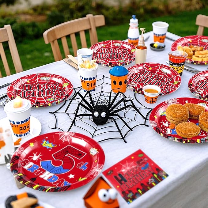 Grencian 96Pcs Cartoon Spider Birthday Party Decorations Red Blue Spider 5th Birthday Party Plates Disposable Super Theme Paper Tableware Set for Spider Kids 5 Year Old Supplies, Serves 24