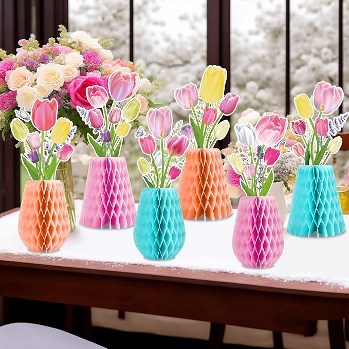 12pcs Tulip Honeycomb Centerpieces 3D Tulip Flower Party Decorations Spring Floral Honeycomb Centerpieces Decor Party Supplies for Spring Garden Wedding Birthday Mother's Day Baby Shower Decor