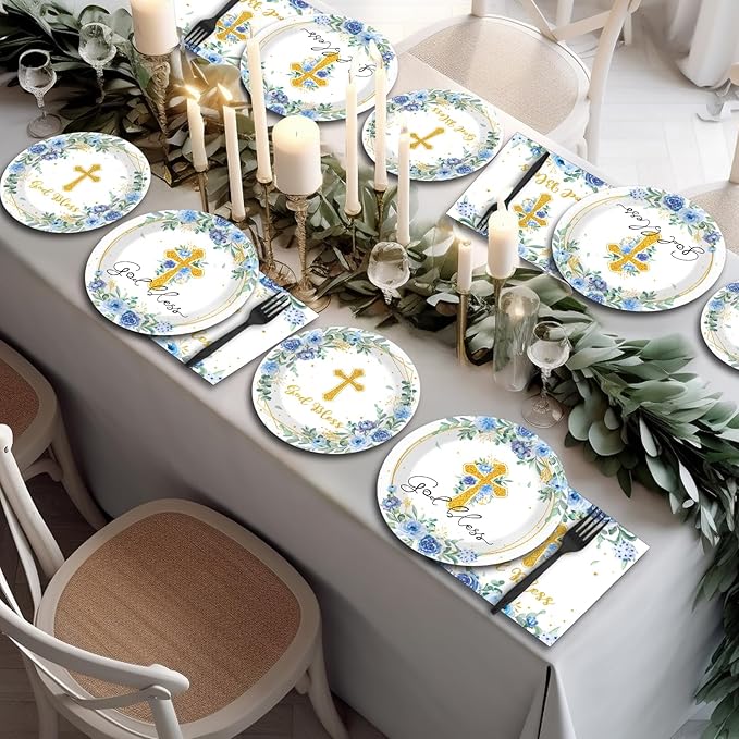 God Bless Baptism Plates and Napkins First Holy Communion Party Tableware Set Christening Ceremony Newborn Dinnerware Cross Blue Floral Plate Fork for Mi Bautizo Baby Shower Decor Supplies Serve 24