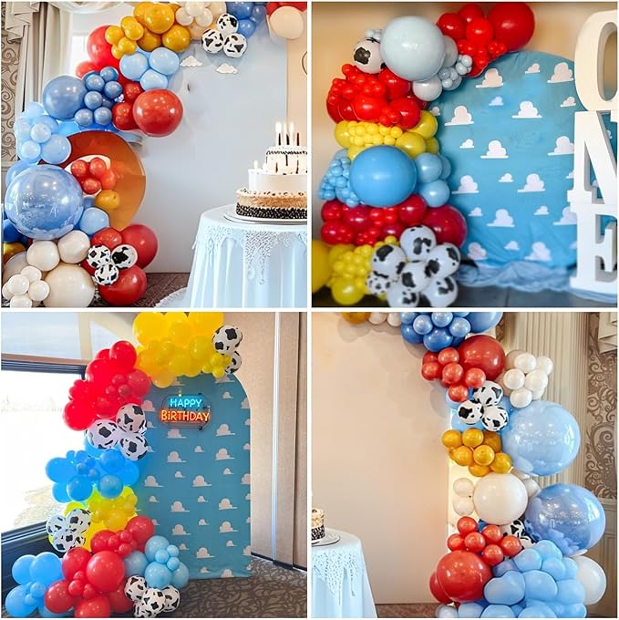 Red Blue Yellow Balloons 12inch Cow Print Sky Blue White Cloud Balloon for Kids Farm Theme Cowboy Birthday Party Decorations Western Blue Red Yellow Beige Latex Helium Balloon for Arch