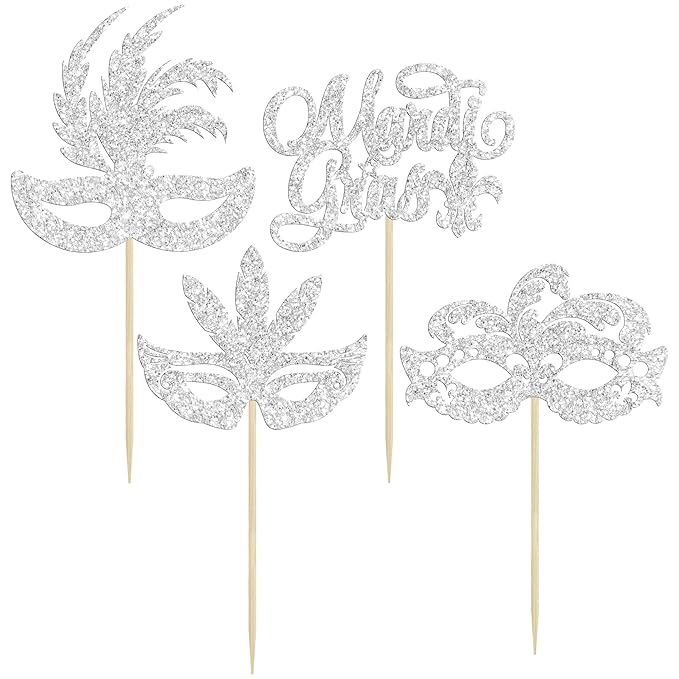 Gyufise 24Pcs Masquerade Masks Cupcake Toppers Silver Glitter Bachelorette Mask Cupcake Topper Mardi Gras Cake Picks Decorations for Masquerade Mardi Gras Party Baby Shower Birthday Party Supplies