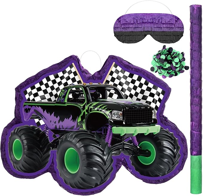 Green and Purple Truck Piñata of Monster Piñata Race Car Bundle with a Blindfold and Confetti Birthday Party Supplies Small Racing for Construction Favors Decor