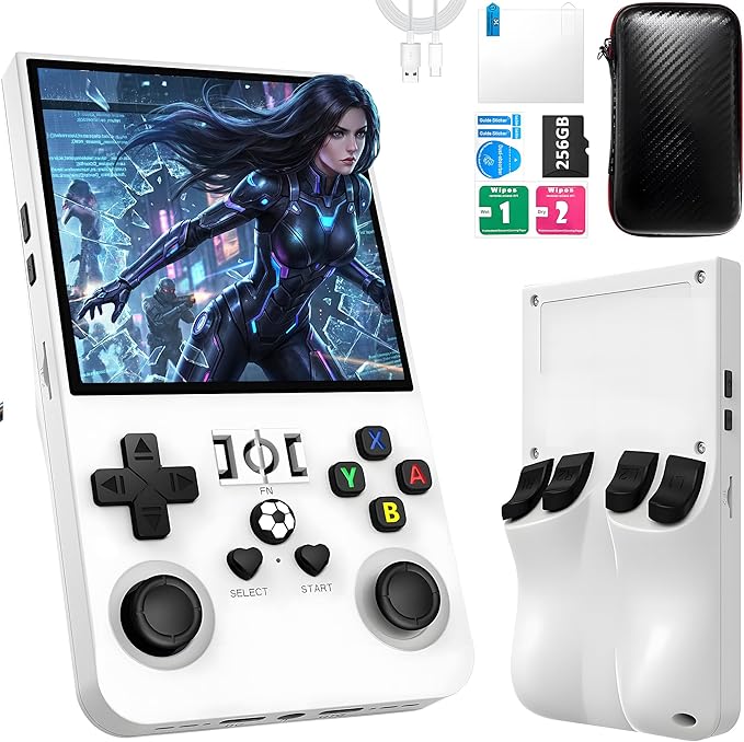 R36MAX Handheld Game Console, 40000+ Games Retro Gaming Console, 256GB TF Card Mini Retro Video Arcade, 4000mAh Portable Rechargeable 4.0" IPS HD Screen Pocket Arcade, White