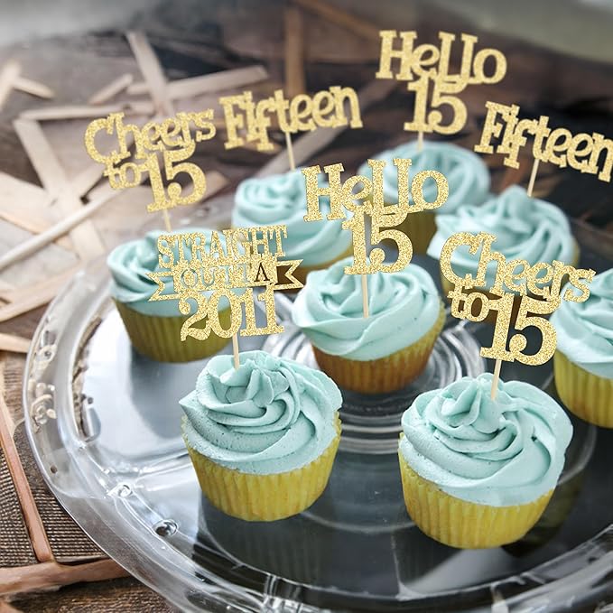 Ephlyn 24Pcs 15th Birthday Cupcake Toppers Glitter Straight Outta 2011 Cupcake Picks Hello 15 Cheers to 15 Years Cake Decorations for 15th Birthday Anniversary Party Decorations Supplies Gold