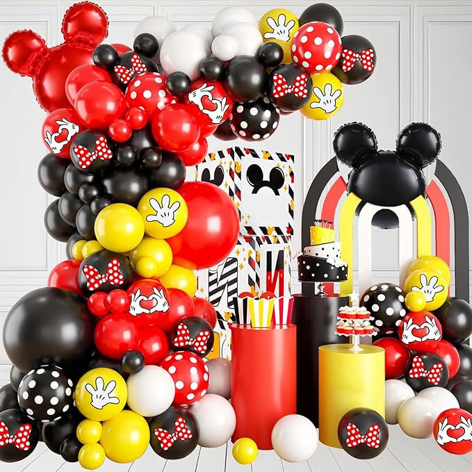 125 Pcs Black Red Yellow Balloon Garland Arch Kit, For Cartoon Birthday Decorations Themed Cute Mini Mouse Party Decorations Girls Kids Gatherings Party Supplies