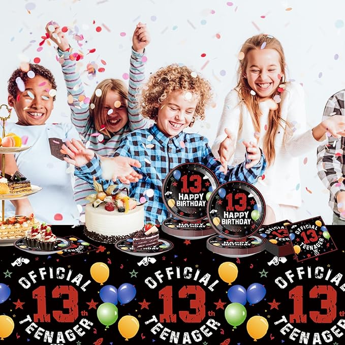 41pcs 13th Red and Black Birthday Party Supplies,include 20 Dessert Plates, 20 Napkin and 1pcs Tablecloth,Used for 13th Red and Black Party Decoration
