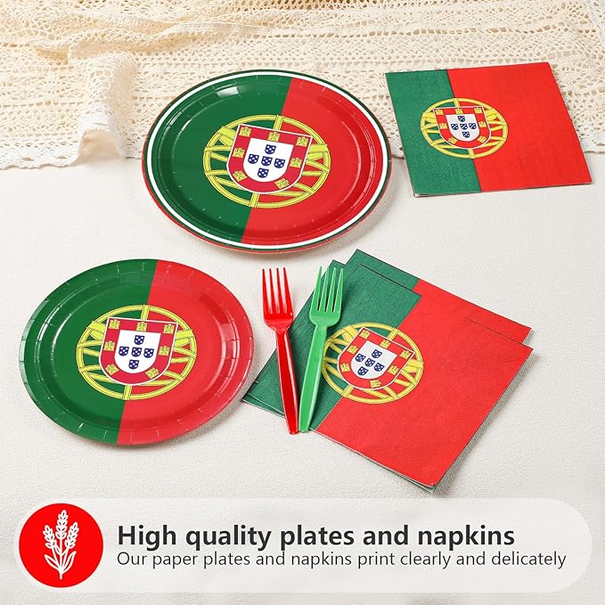 96Pcs Portugal Flag Party Supplies Portuguese Flag Plates and Napkins National Country Decoration Portugal Theme Red and Green Tableware Set for Patriotic Festival Party Supplies，Serves 24
