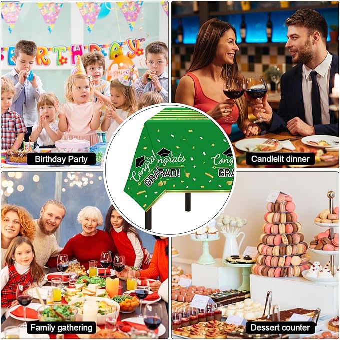 Childom 3 Pack Graduation Tablecloth,Graduation Decorations Class of 2026 Graduation Party Decorations,54"x108" Green and Gold Plastic Table Cloth Disposable Rectangle for Home,School,Party Supplies