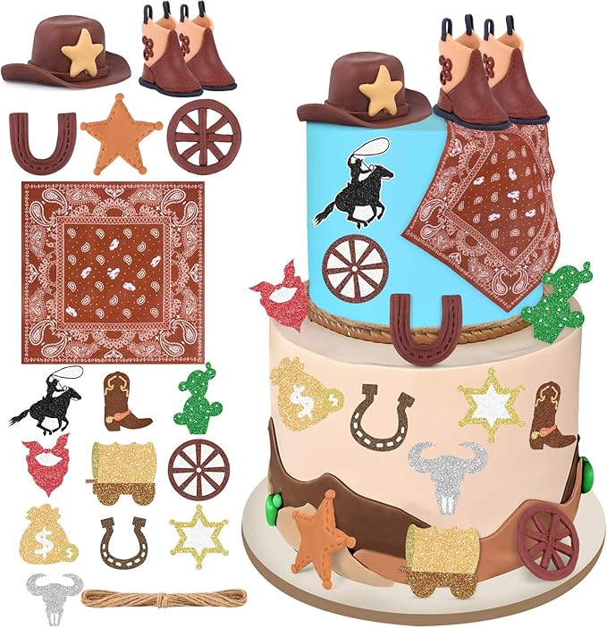 Hooqict 18Pcs Cowboy Cake Decorations Set with Mini Cowboy Hat and Boots, Western Cake Toppers & Rodeo Cupcake Toppers for Wild West Country Themed Birthday Party Decorations Favors