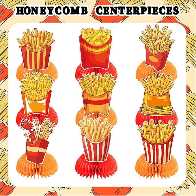 9 PCS French Fries Table Decorations Honeycomb Centerpiece, French Fries Centerpieces Table Topper for Fast Food French Fries Party Decorations Birthday Party Supplies