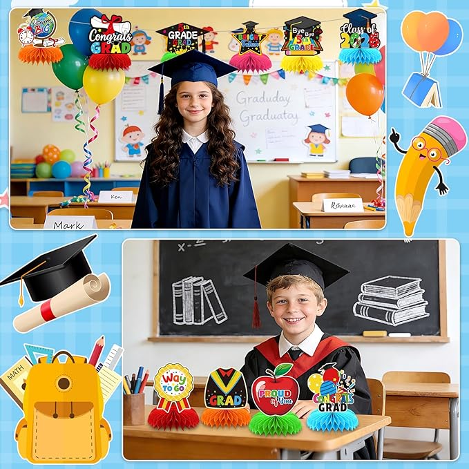 5TH Grade Graduation Party Decorations 2026, 10Pcs Elementary Graduation Honeycomb Centerpieces for Table Congrats Grad Table Topper Decor for Elementary Graduation Party Supplies