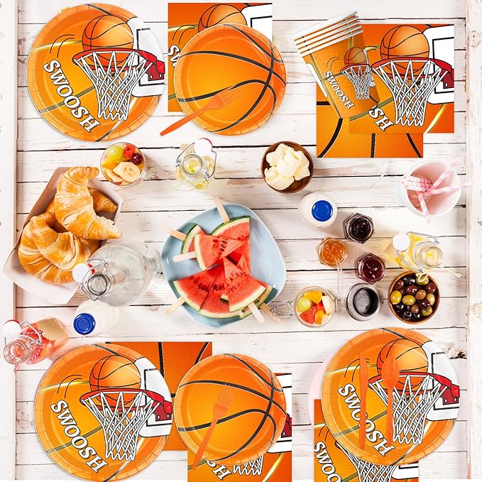 178 Pcs Basketball Theme Birthday Party Decorations Basketball Party Supplies Set Include Plates, Napkin, Cup, Fork, Knives, Spoon, Tablecloth, Banner for Kids and Adults, Serves 24 Guests