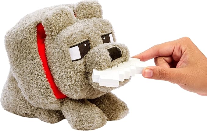 Mattel Minecraft Dennis The Wolf Plush Toy with Feeding Action & Sound, Food Mode Stuffed Animal Inspired by a Minecraft Movie (Amazon Exclusive)