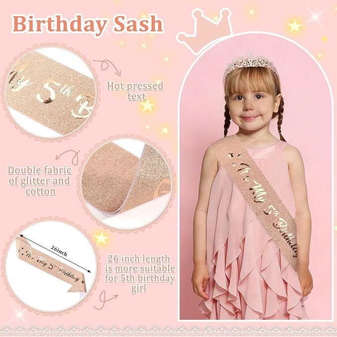 Semato 5th Birthday Decorations for Girl Sash and Crown Kit Rose Gold 5 Year Old Girl Birthday Gifts for Her Party Supplies