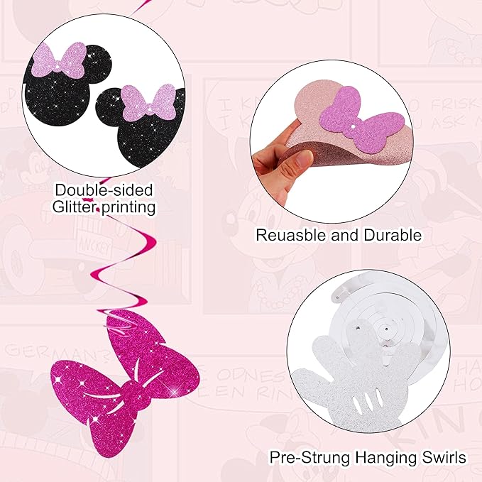 BEISHIDA 16 Pcs Mouse Hanging Swirl Decorations, Pre-Strung Mouse Birthday Party Decorations Pink and Black Mouse Theme Party Supplies for Kids