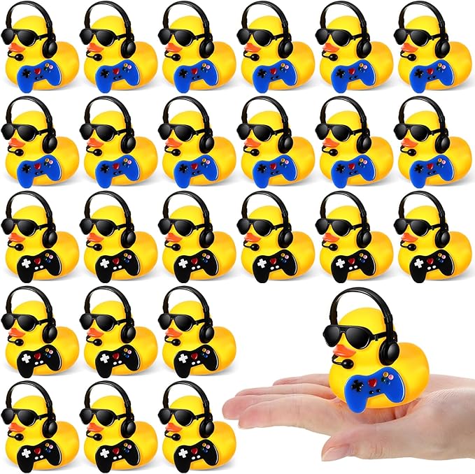 Leitee 24 Sets Video Game Party Favors Rubber Ducks with Mini Headset Glasses and Controllers Cute Bath Rubber Ducks Small Bathtub Accessories Toys for Birthday Swimming Party Favors Decoration