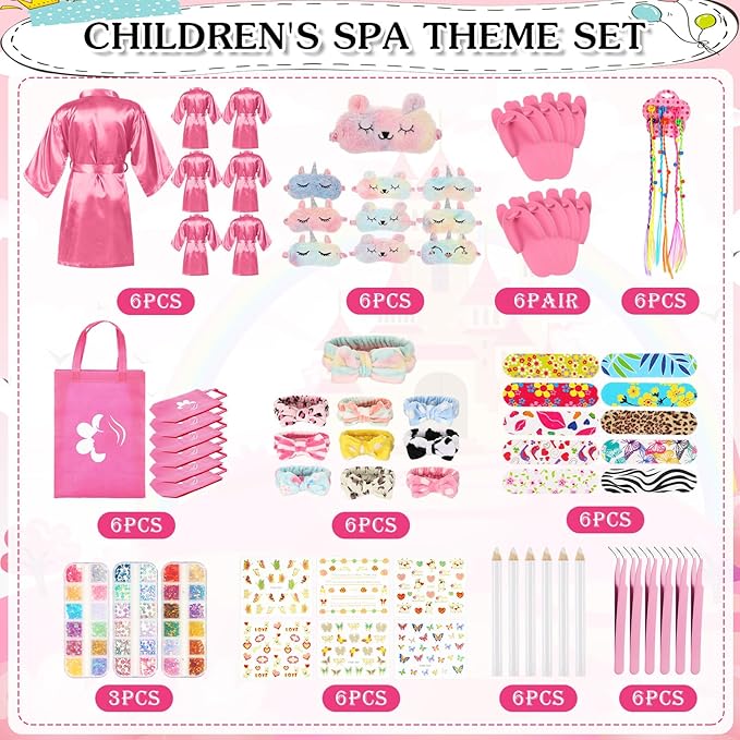 6 Set Sleepovers Teepee Tents Spa Party Robes Supplies Bulk with Inflatable Airbed and Light String, Party Supplies for Birthday Movie Spa Favors Gifts Indoor Outdoor(6 Pink)