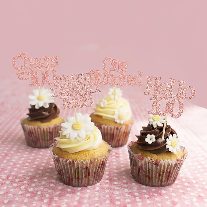 Ephlyn 24Pcs Happy 100th Birthday Cupcake Toppers Glitter Cupcake Picks Hello 100 Cheers to 100 Years Birthday Cake Decorations for 100th Birthday Anniversary Party Supplies Rose Gold