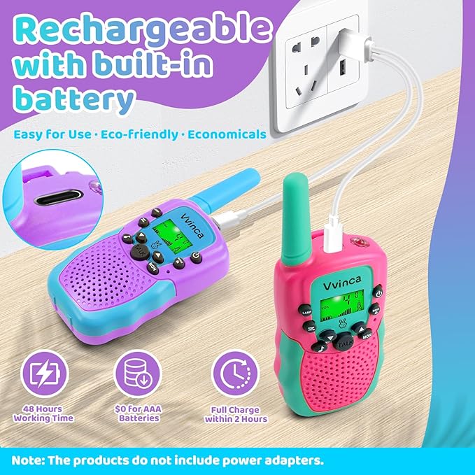 Vvinca Rechargeable Walkie Talkies for Kids 4 Pack, 5-7 Year Old Boy Toys Long Range 22 Channels 2 Way Kids Walkie Talkie with Flashlight for Camping Hiking Indoor Outdoor 3 4 5 6-12 Girl Boy Gift