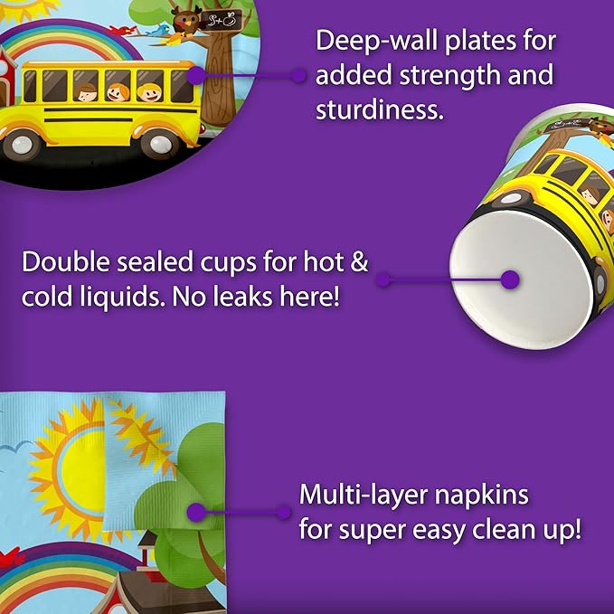 School Bus Birthday Party Supplies Set Plates Napkins Cups Tableware Kit for 16