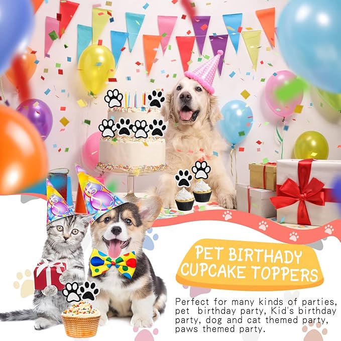 36 Pcs Paw Cupcake Toppers Glitter Dog Paw Cake Decorations Black White Glitter Puppy Cupcake Toppers for Baby Shower Boys Girls Birthday Party Cake Supplies (2 Styles)
