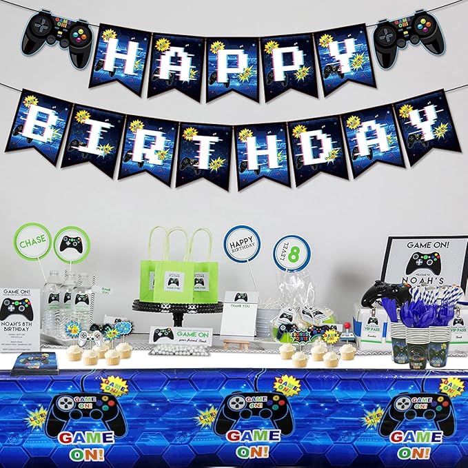 Video Game Party Supplies - Game Birthday Decoration Kit for Boys, Including HAPPY BIRTHDAY Banner, Plates, Cups, Napkins, Tableware, Tablecloths, for Kid Birthday Decoration - Serves 20