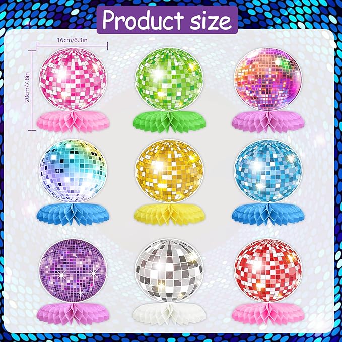 9PCS Disco Honeycomb Centerpieces Disco Ball Party Decorations Colorful Rock and Roll Party Table Centerpieces 50s 70s 80s 90s Disco Music Theme Birthday Party Supplies Decor