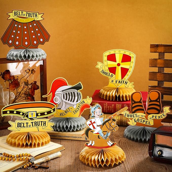 Jetec 9 Pcs Armor of God Honeycomb Centerpieces Bible Verse Religious Themed Party Decorations 3D Armor Knight Medieval Table Decor for Table Party Supplies