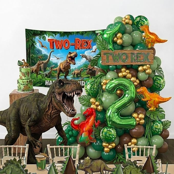 TWO-Rex Dinosaur Birthday Decorations include Hunter Green Brown Gold balloon arch & small Dino Foil balloons & backdrop & footprint stickers for Kids Boys Jungle Safari Dino 2rd Party Supplies