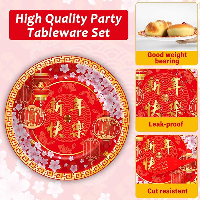 96 Pcs Chinese New Year Party Supplies Paper Plates Napkins Happy 2026 Red Gold Horse Tableware Set Spring Festival Party Plates Napkins Forks Chinese Lunar New Year Eve Decorations Serves 24