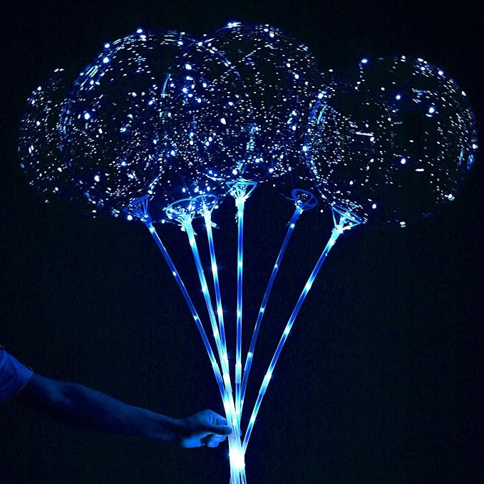 LED Balloons Light Up, 10 Pack LED Balloons with Sticks, 20 Inch Clear Bobo Balloon with Lights Helium Glow Bubble Lights for Party Supplies Valentines Decor (Blue)